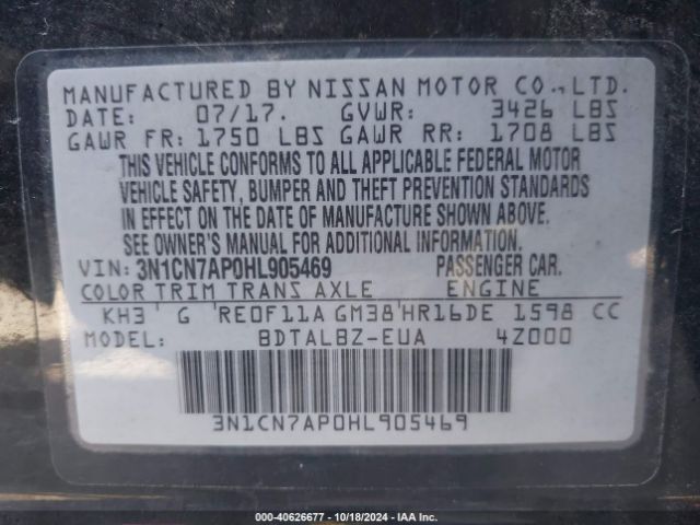 Photo 8 VIN: 3N1CN7AP0HL905469 - NISSAN VERSA 