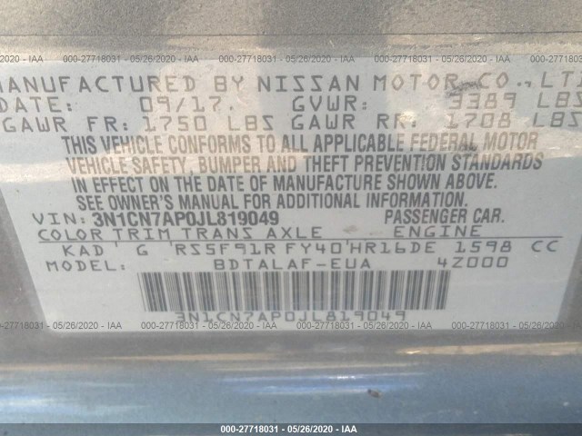 Photo 8 VIN: 3N1CN7AP0JL819049 - NISSAN VERSA SEDAN 