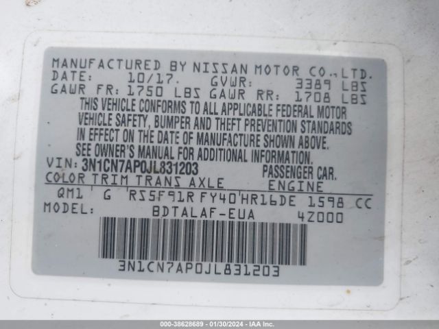 Photo 8 VIN: 3N1CN7AP0JL831203 - NISSAN VERSA 