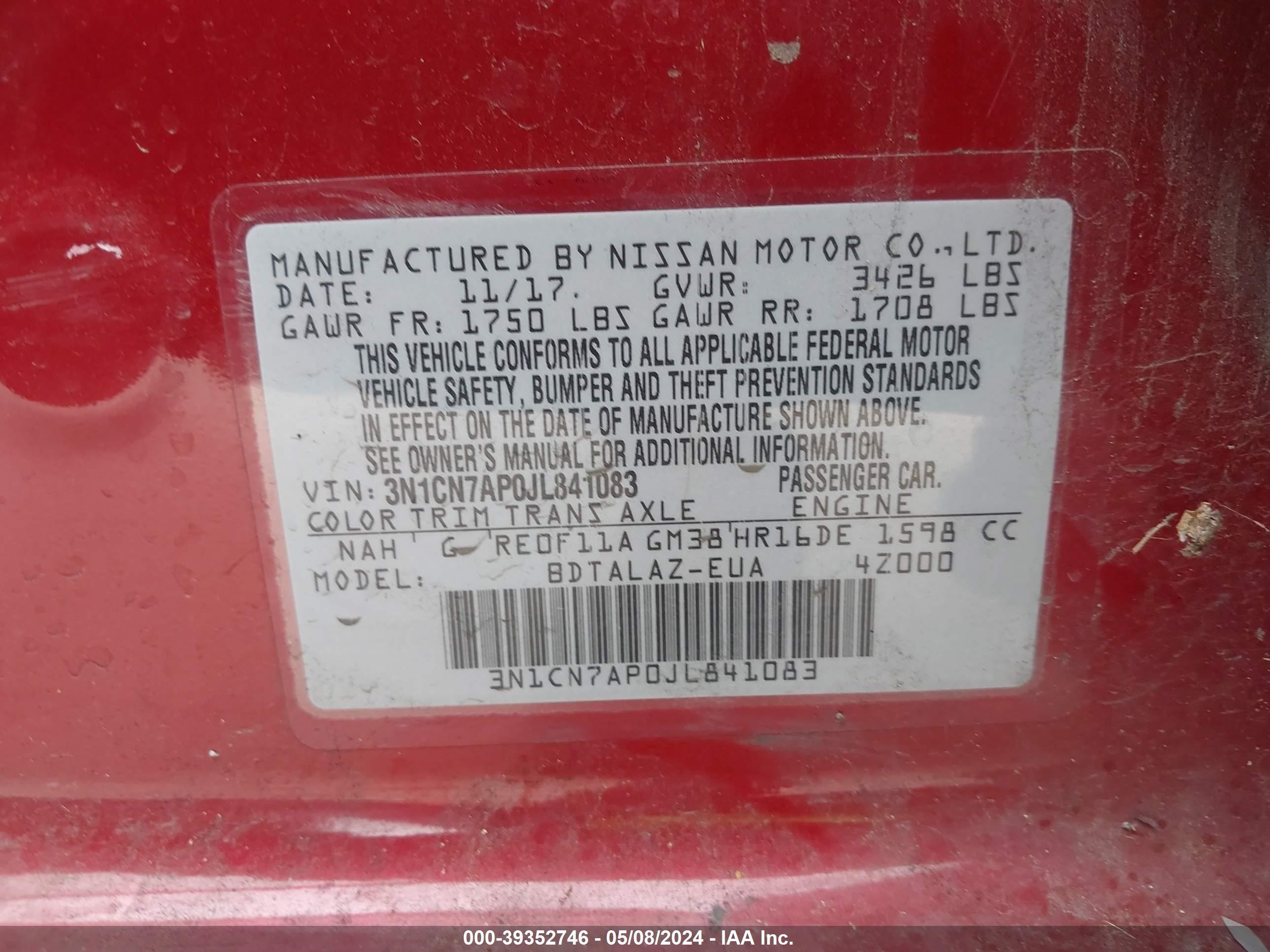 Photo 8 VIN: 3N1CN7AP0JL841083 - NISSAN VERSA 