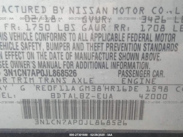 Photo 8 VIN: 3N1CN7AP0JL868526 - NISSAN VERSA SEDAN 