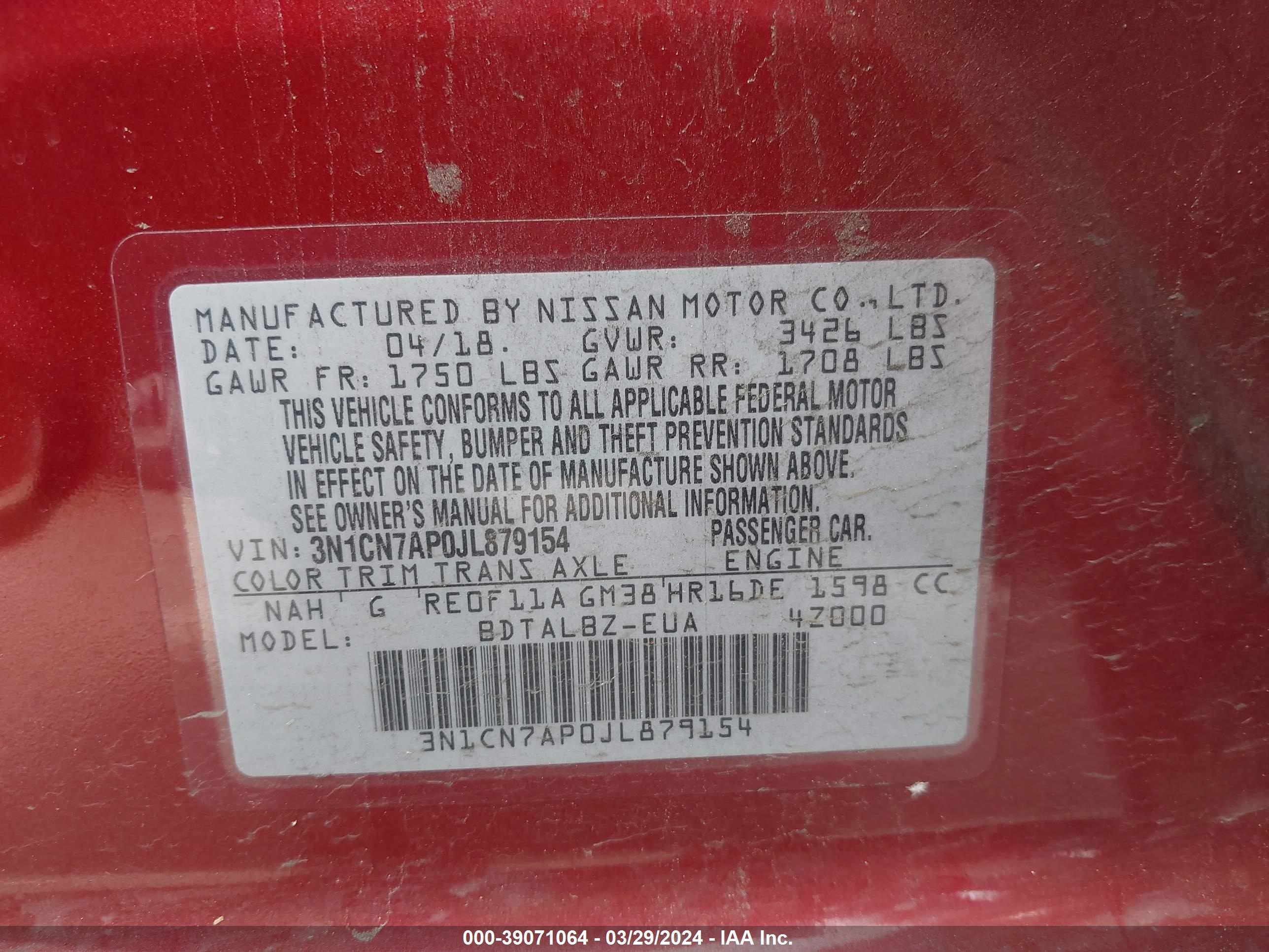 Photo 8 VIN: 3N1CN7AP0JL879154 - NISSAN VERSA 