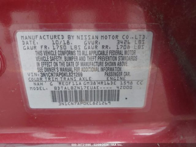 Photo 8 VIN: 3N1CN7AP0KL821269 - NISSAN VERSA 