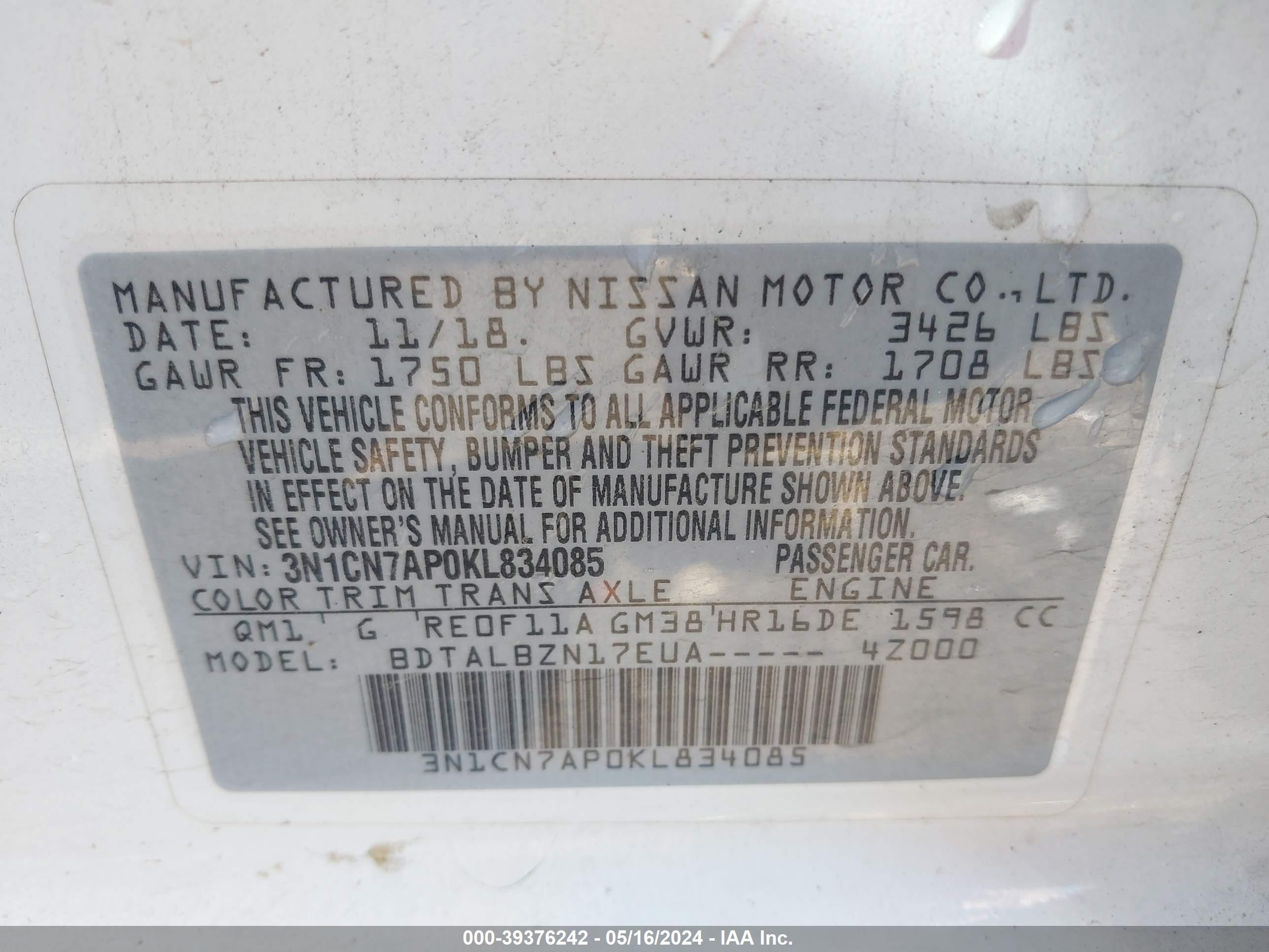 Photo 8 VIN: 3N1CN7AP0KL834085 - NISSAN VERSA 