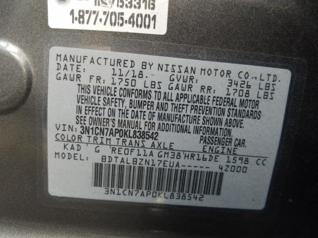 Photo 9 VIN: 3N1CN7AP0KL838542 - NISSAN VERSA S 