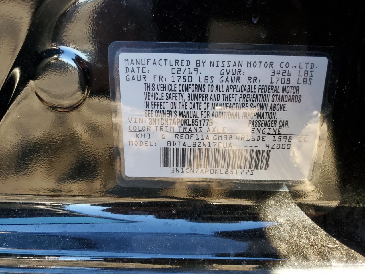 Photo 11 VIN: 3N1CN7AP0KL851775 - NISSAN VERSA 