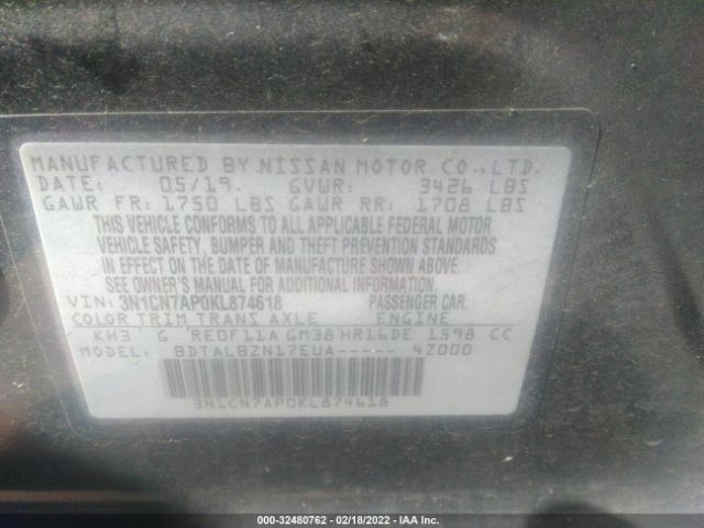 Photo 8 VIN: 3N1CN7AP0KL874618 - NISSAN VERSA SEDAN 