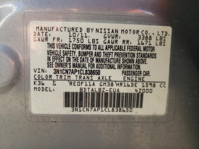 Photo 9 VIN: 3N1CN7AP1CL838650 - NISSAN VERSA S 