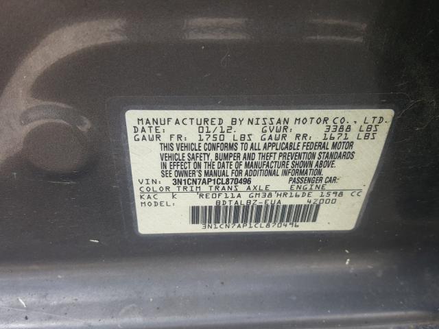 Photo 9 VIN: 3N1CN7AP1CL870496 - NISSAN VERSA S 