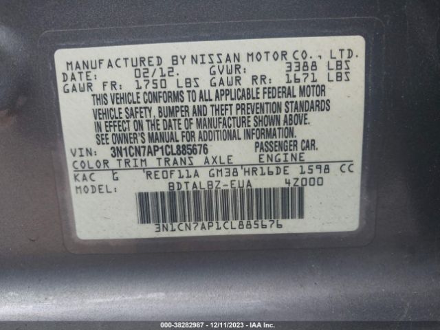 Photo 8 VIN: 3N1CN7AP1CL885676 - NISSAN VERSA 