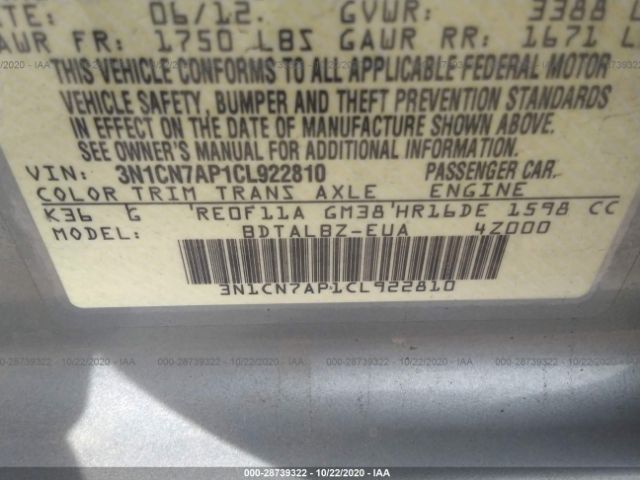 Photo 8 VIN: 3N1CN7AP1CL922810 - NISSAN VERSA 