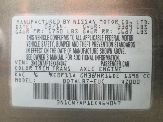 Photo 9 VIN: 3N1CN7AP1EK464047 - NISSAN VERSA S 