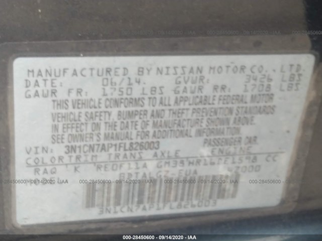 Photo 8 VIN: 3N1CN7AP1FL826003 - NISSAN VERSA 