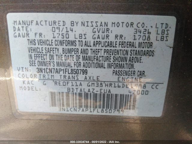 Photo 8 VIN: 3N1CN7AP1FL850799 - NISSAN VERSA 