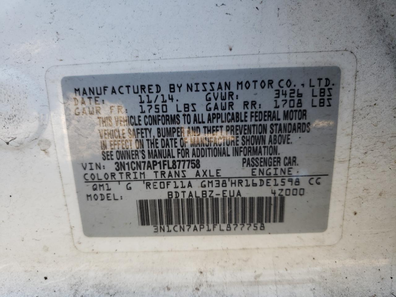 Photo 11 VIN: 3N1CN7AP1FL877758 - NISSAN VERSA 