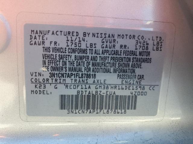 Photo 11 VIN: 3N1CN7AP1FL878618 - NISSAN VERSA S 