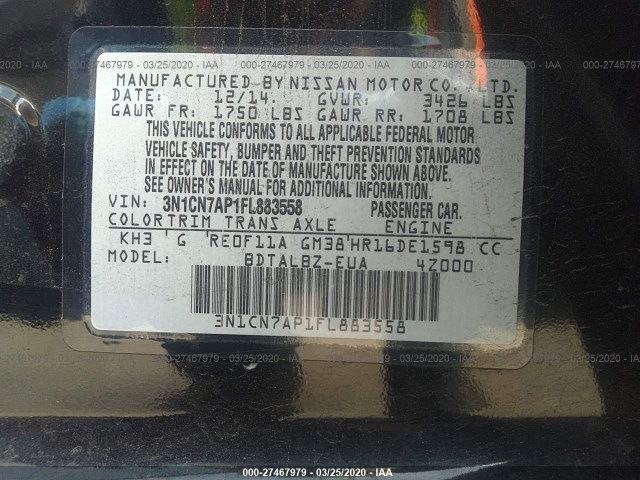 Photo 8 VIN: 3N1CN7AP1FL883558 - NISSAN VERSA 