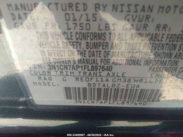 Photo 8 VIN: 3N1CN7AP1FL897640 - NISSAN VERSA 