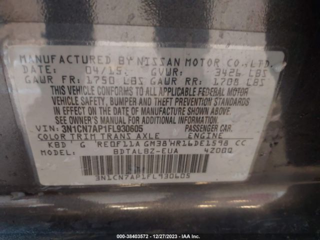 Photo 8 VIN: 3N1CN7AP1FL930605 - NISSAN VERSA 