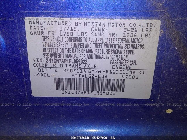 Photo 8 VIN: 3N1CN7AP1FL959022 - NISSAN VERSA 