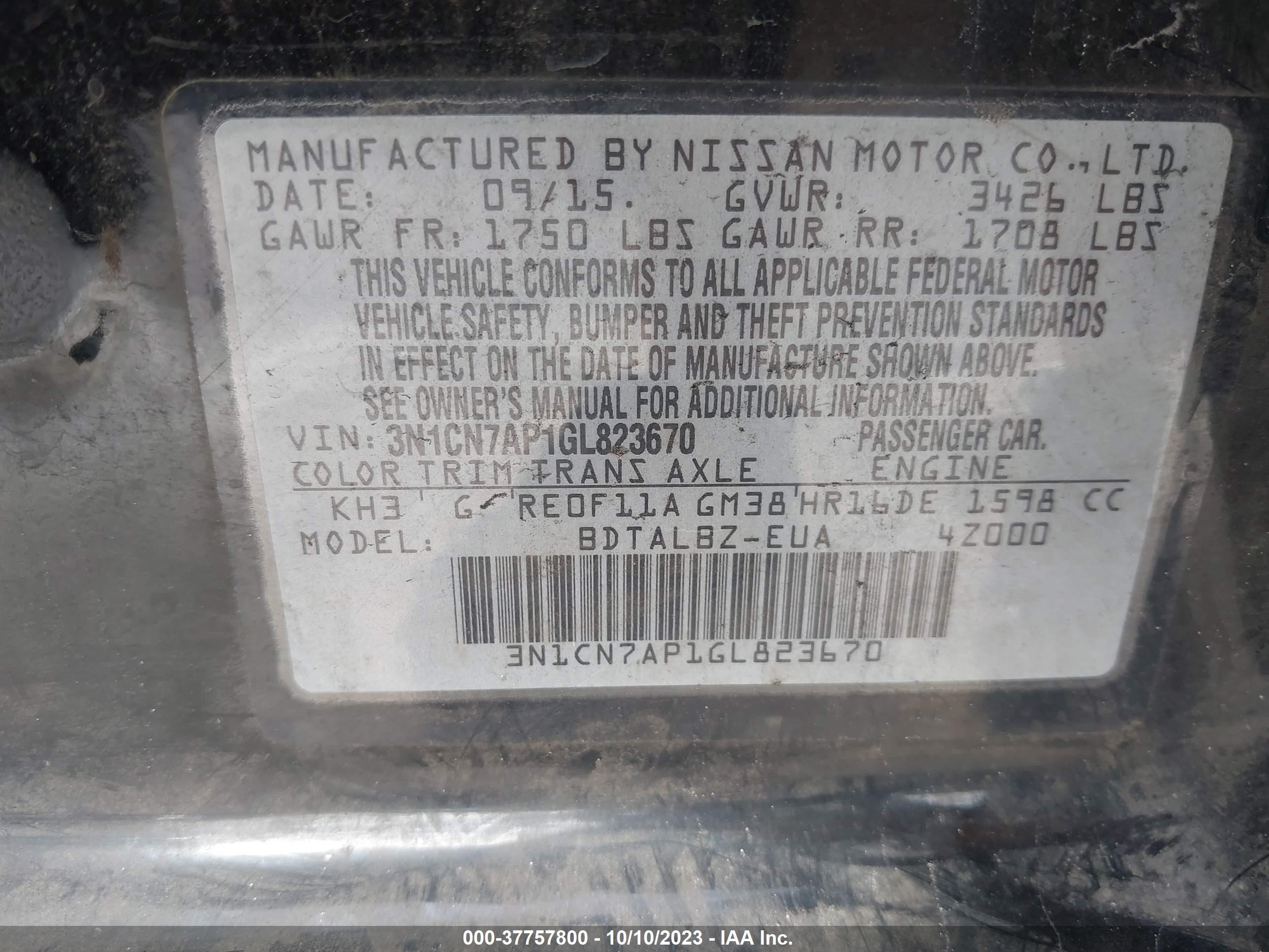 Photo 8 VIN: 3N1CN7AP1GL823670 - NISSAN VERSA 