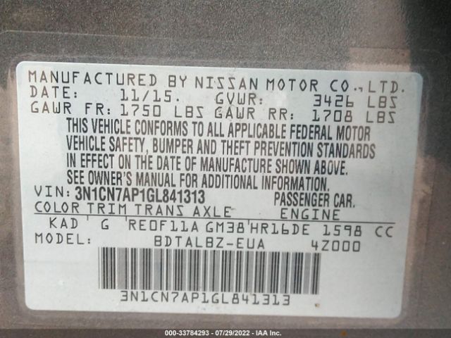 Photo 8 VIN: 3N1CN7AP1GL841313 - NISSAN VERSA 