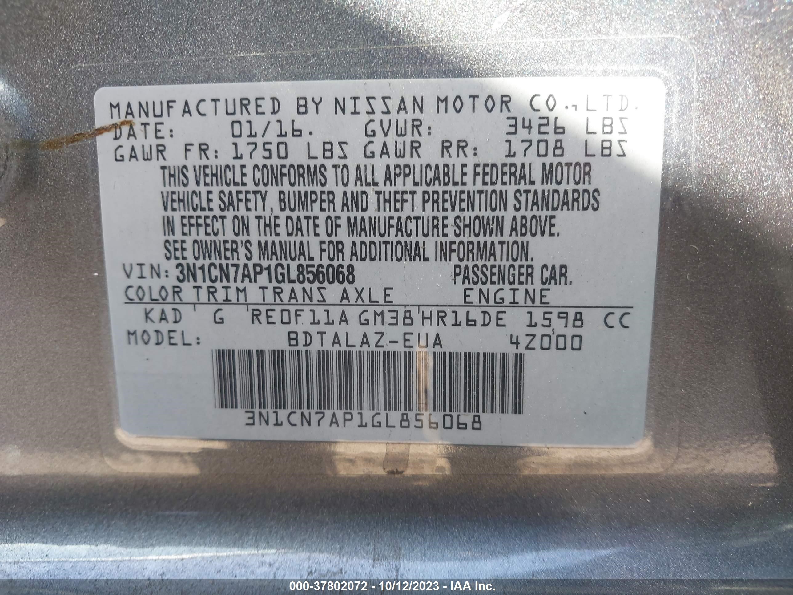 Photo 8 VIN: 3N1CN7AP1GL856068 - NISSAN VERSA 