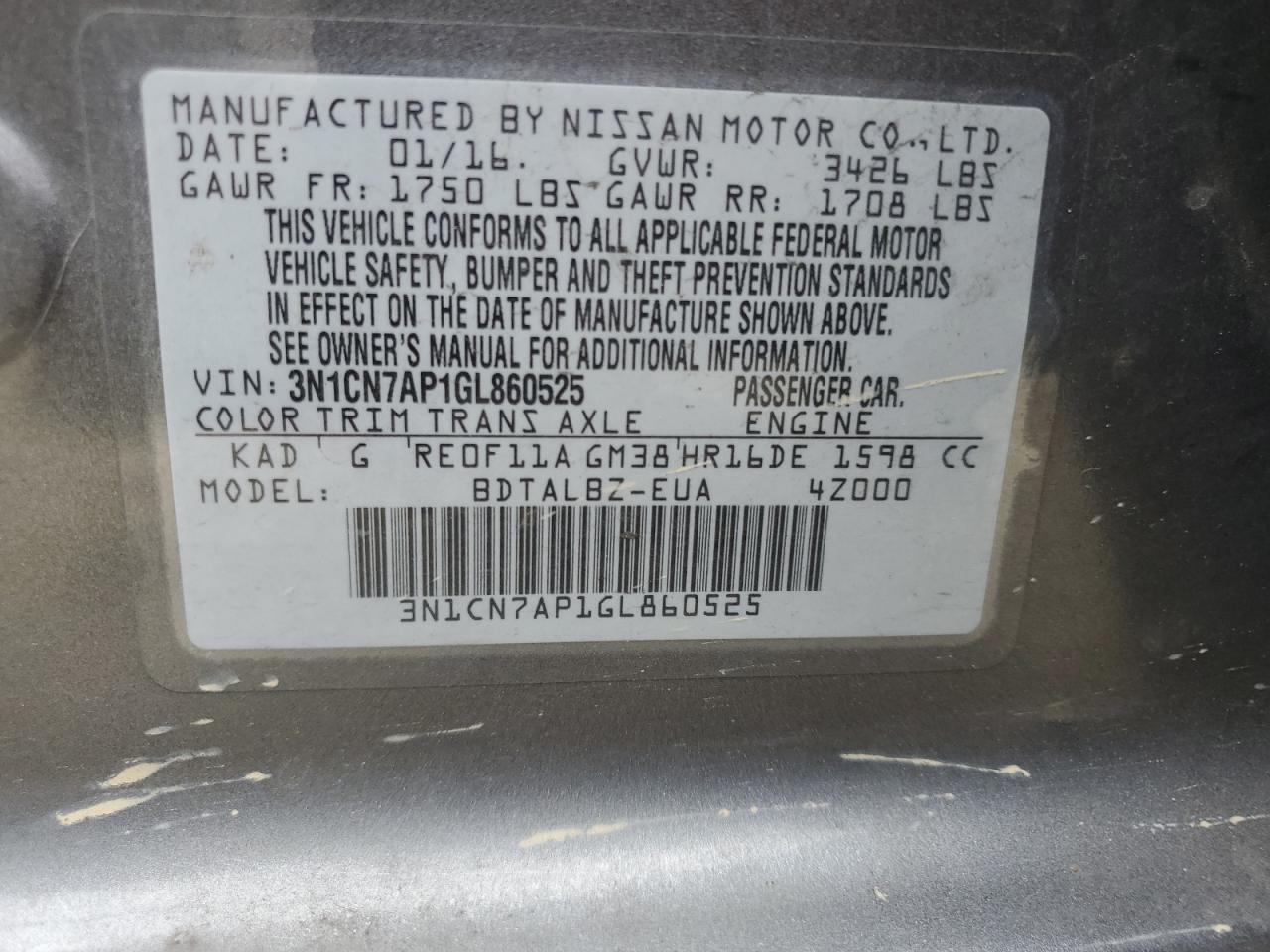 Photo 11 VIN: 3N1CN7AP1GL860525 - NISSAN VERSA 