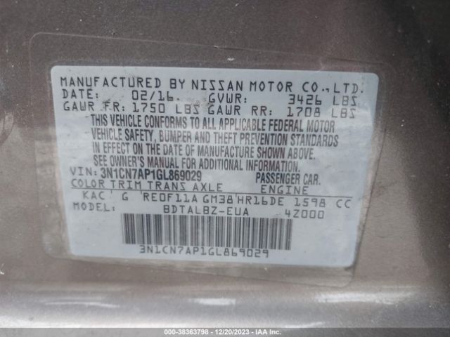 Photo 8 VIN: 3N1CN7AP1GL869029 - NISSAN VERSA 