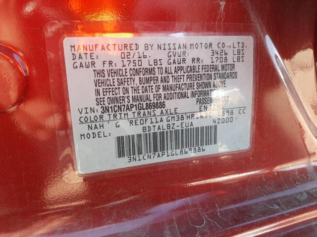 Photo 9 VIN: 3N1CN7AP1GL869886 - NISSAN VERSA 