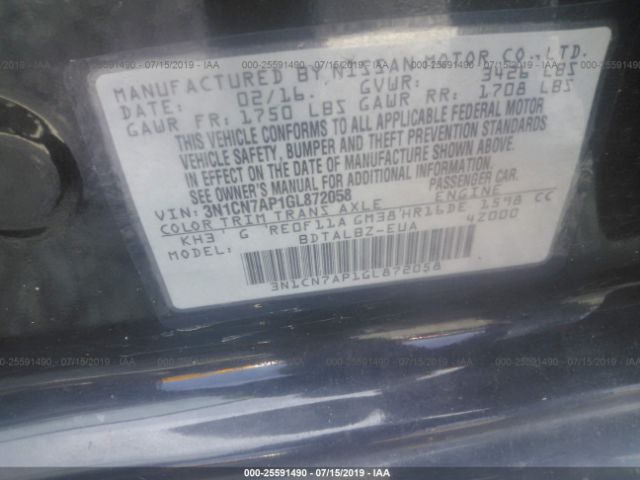 Photo 8 VIN: 3N1CN7AP1GL872058 - NISSAN VERSA 