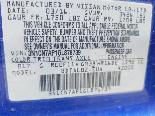 Photo 9 VIN: 3N1CN7AP1GL876739 - NISSAN VERSA S 