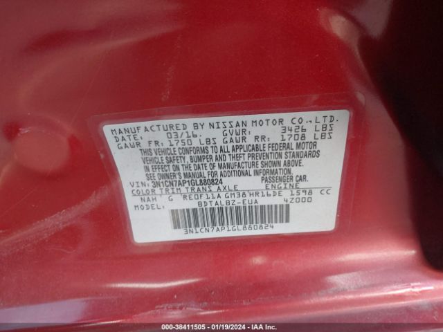 Photo 8 VIN: 3N1CN7AP1GL880824 - NISSAN VERSA 