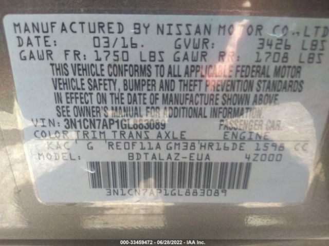 Photo 8 VIN: 3N1CN7AP1GL883089 - NISSAN VERSA 