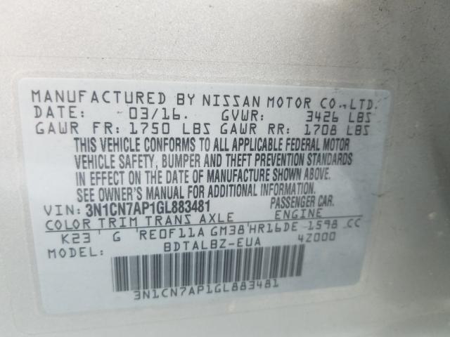 Photo 9 VIN: 3N1CN7AP1GL883481 - NISSAN VERSA S 