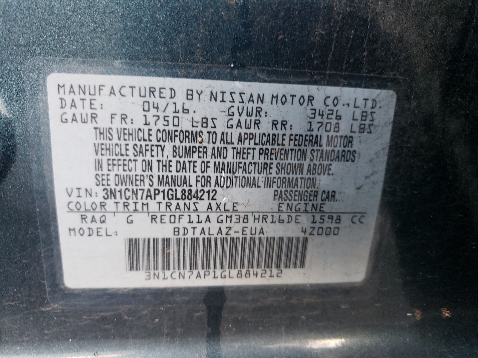 Photo 9 VIN: 3N1CN7AP1GL884212 - NISSAN VERSA S 