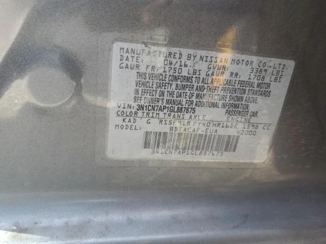 Photo 12 VIN: 3N1CN7AP1GL887675 - NISSAN VERSA S 