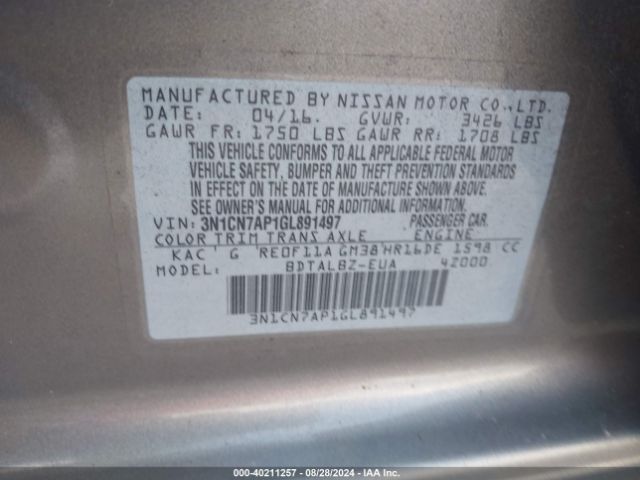 Photo 8 VIN: 3N1CN7AP1GL891497 - NISSAN VERSA 