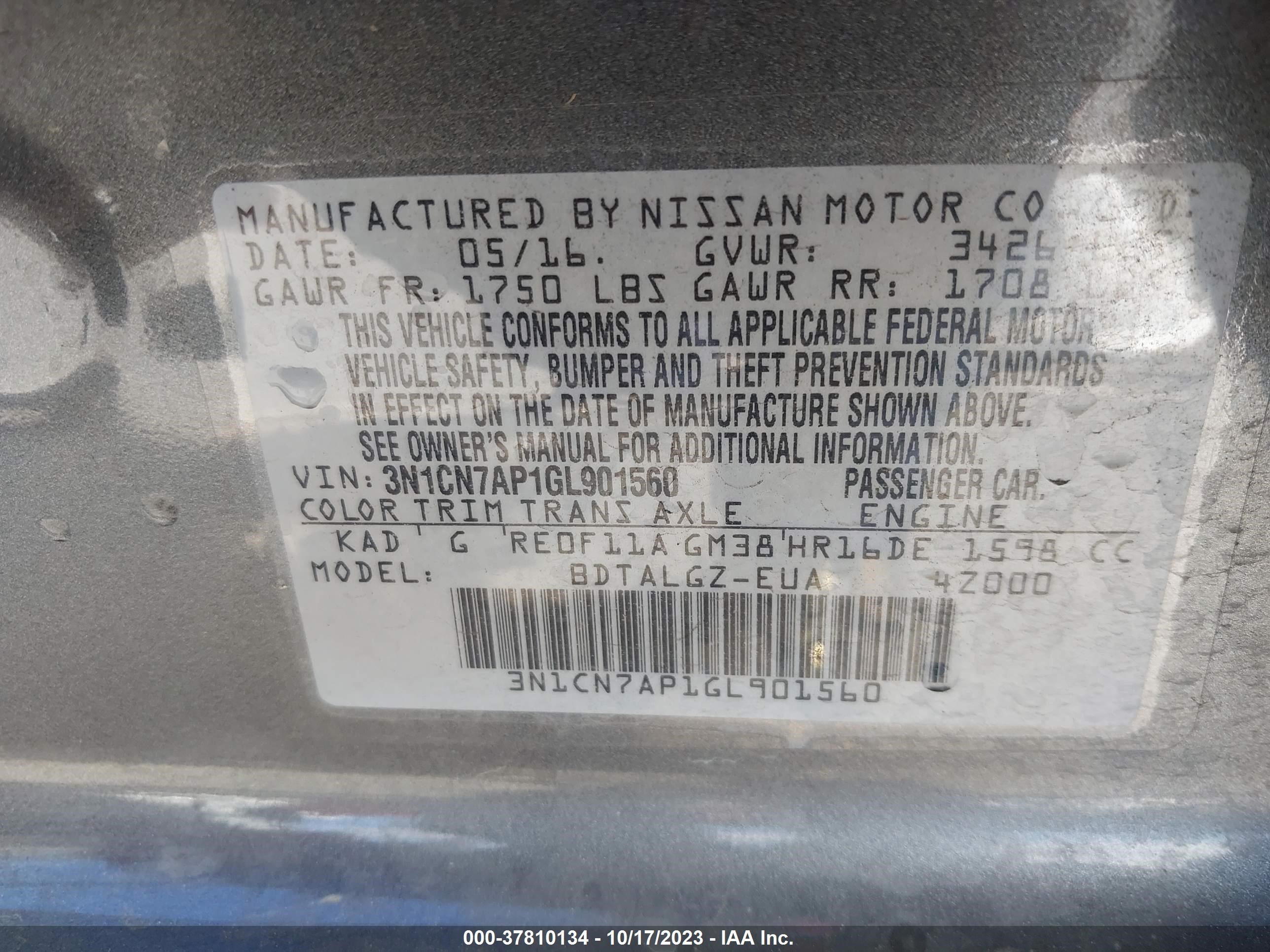 Photo 8 VIN: 3N1CN7AP1GL901560 - NISSAN VERSA 