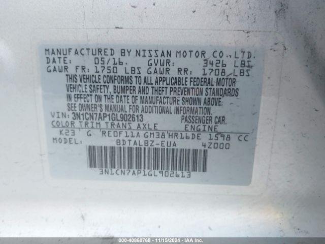 Photo 8 VIN: 3N1CN7AP1GL902613 - NISSAN VERSA 