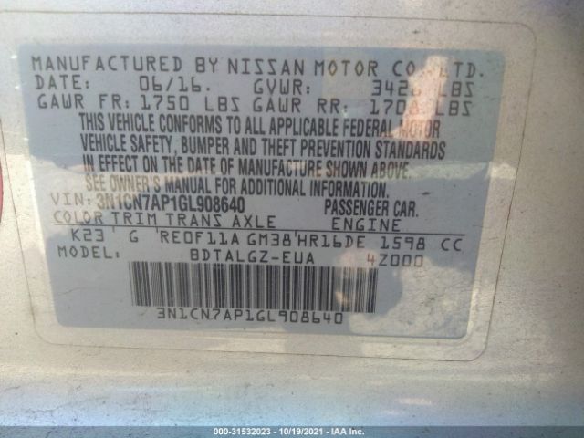 Photo 8 VIN: 3N1CN7AP1GL908640 - NISSAN VERSA 