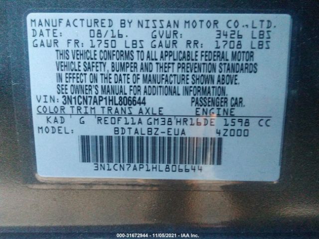 Photo 8 VIN: 3N1CN7AP1HL806644 - NISSAN VERSA SEDAN 