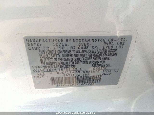 Photo 8 VIN: 3N1CN7AP1HL824738 - NISSAN VERSA SEDAN 