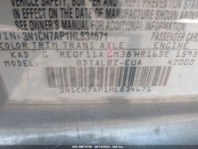 Photo 8 VIN: 3N1CN7AP1HL834671 - NISSAN VERSA 