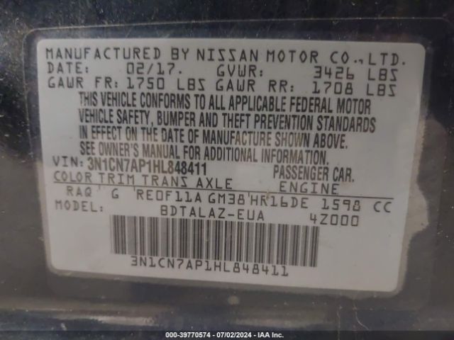 Photo 8 VIN: 3N1CN7AP1HL848411 - NISSAN VERSA 