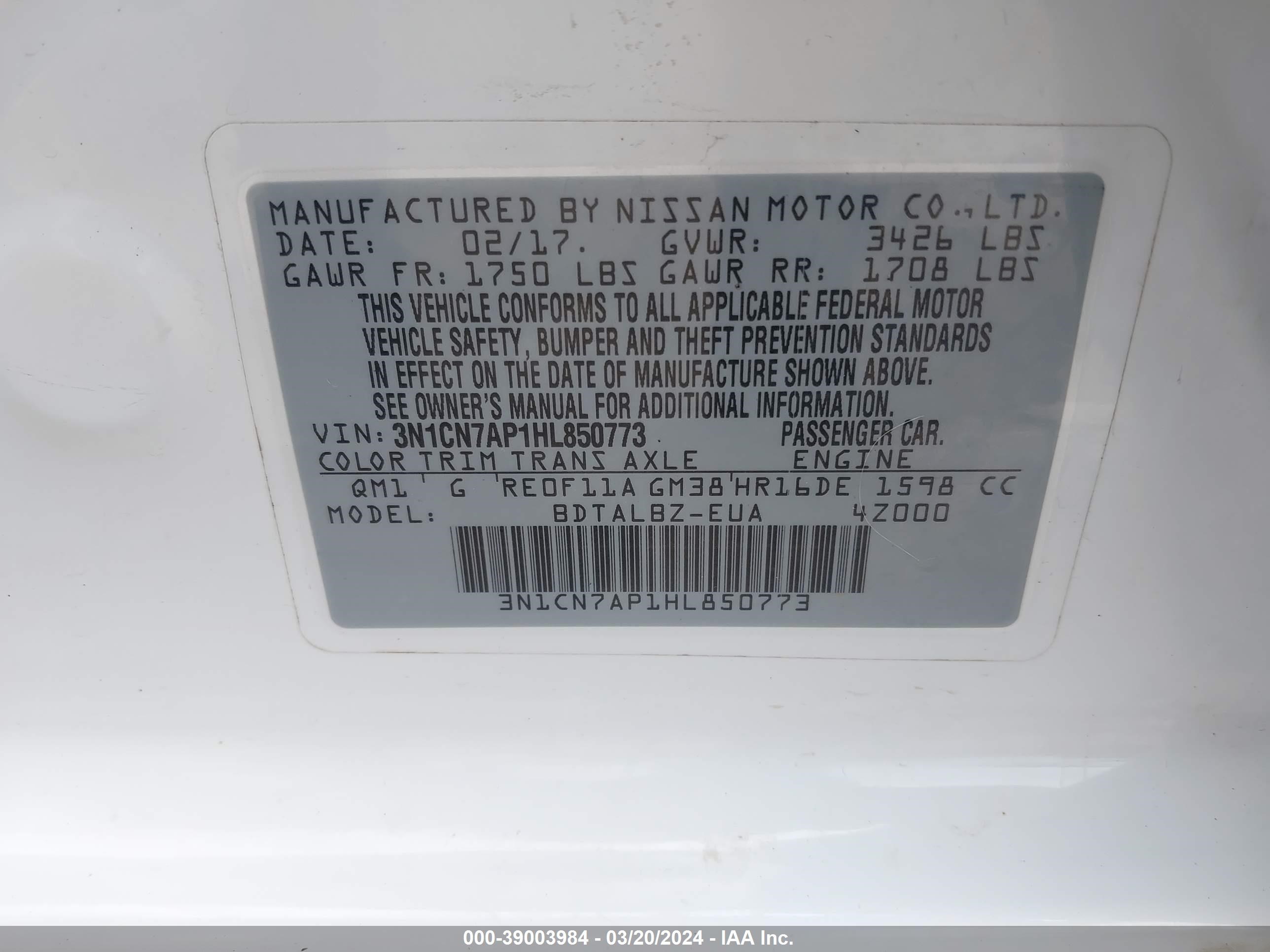 Photo 8 VIN: 3N1CN7AP1HL850773 - NISSAN VERSA 