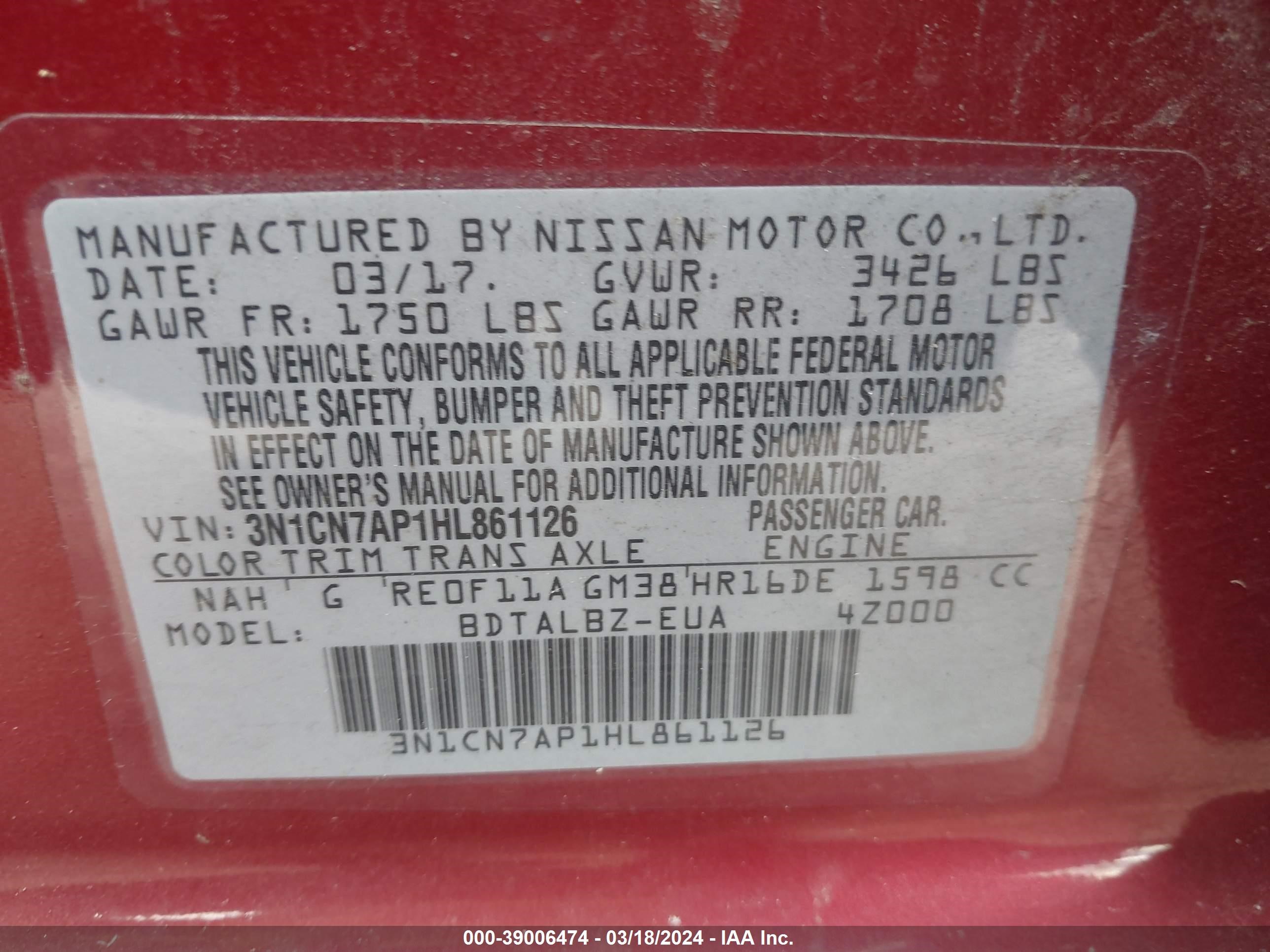 Photo 8 VIN: 3N1CN7AP1HL861126 - NISSAN VERSA 