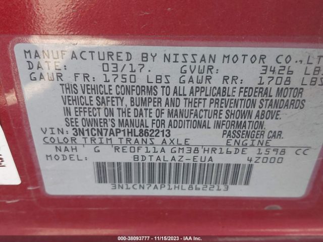 Photo 8 VIN: 3N1CN7AP1HL862213 - NISSAN VERSA 