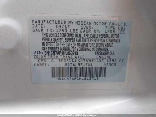 Photo 8 VIN: 3N1CN7AP1HL863913 - NISSAN VERSA 