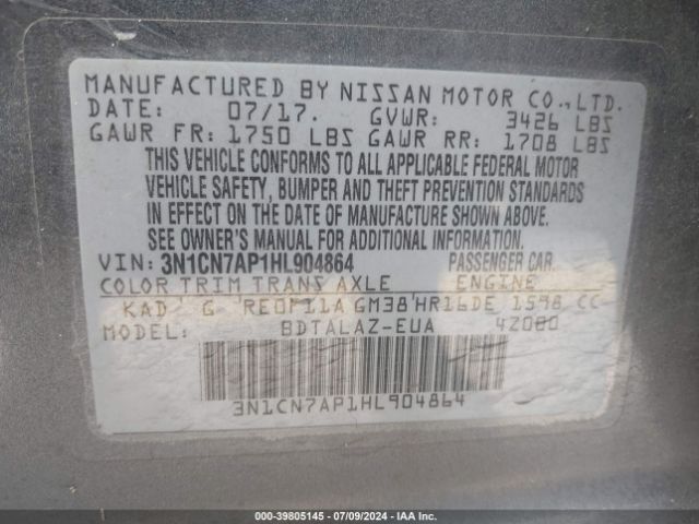 Photo 8 VIN: 3N1CN7AP1HL904864 - NISSAN VERSA 